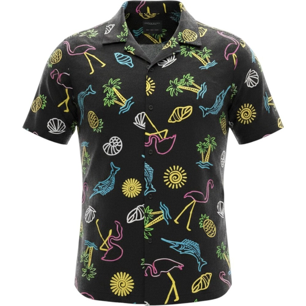 Denim & Flower Ricky Singh Mens Large Black Neon Flamingo Tropical Viscose Shirt